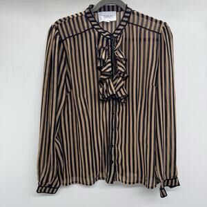 The Shirt by Rochelle Behrens Button Up Top Womens XL Black Brown Stripe Ruffles
